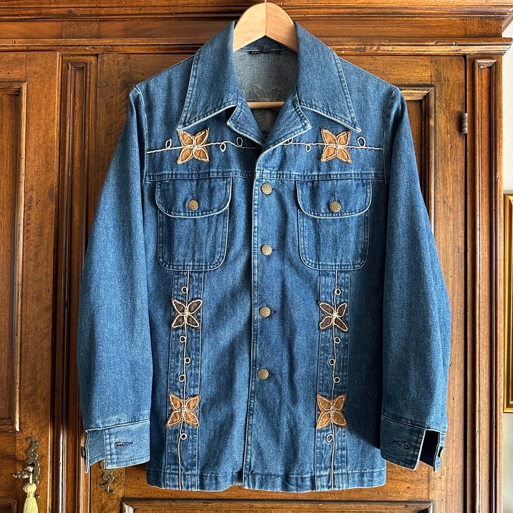 Anthropologie Denim Jacket with Suede & Embroidery
